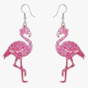 Cute pink flamingo glitter dangle drop acrylic lightweight earrings hook silver